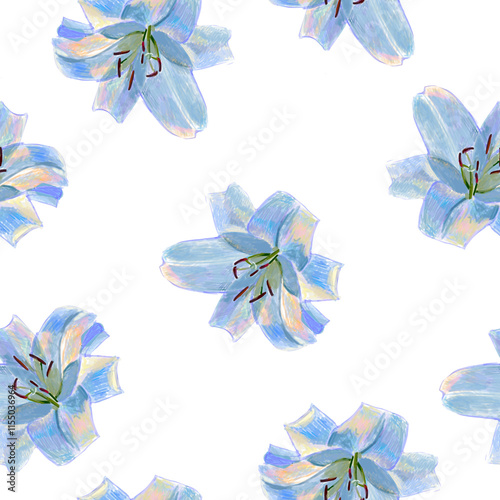 Seamless pattern with a blooming lily flower drawn with colored pencils and markers