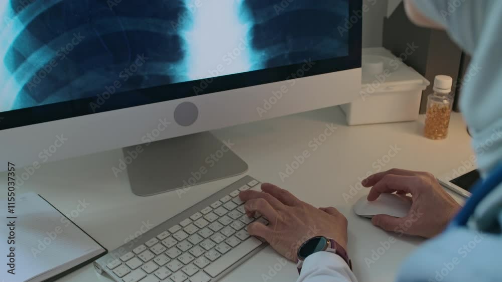 Tilt-up close-up shot of female doctor in hijab analyzing chest X-ray on her computer at desk during workday in hospital