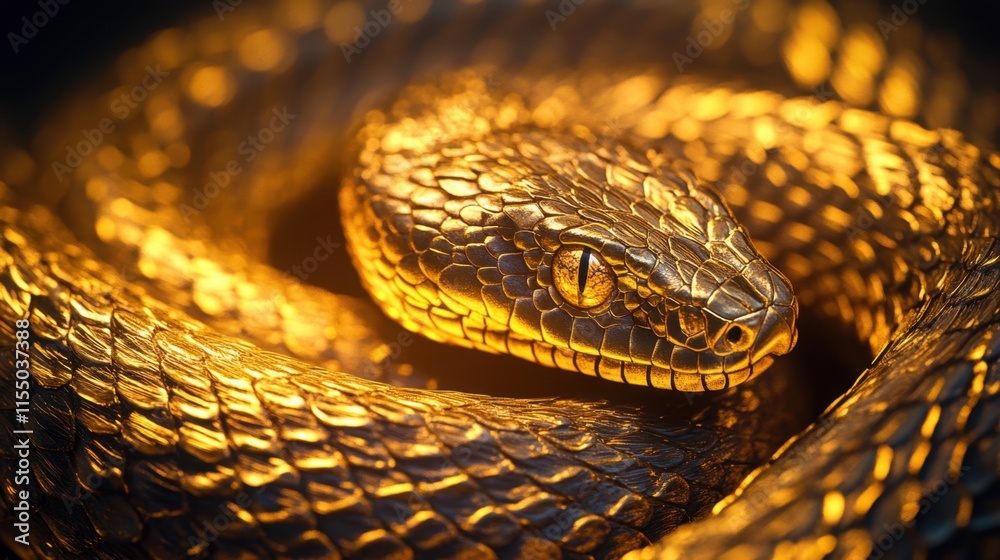 Obraz premium A close-up of a snake intricate golden-accented scales, glowing softly on a dark background, evoking mystique and Chinese New Year symbolism.