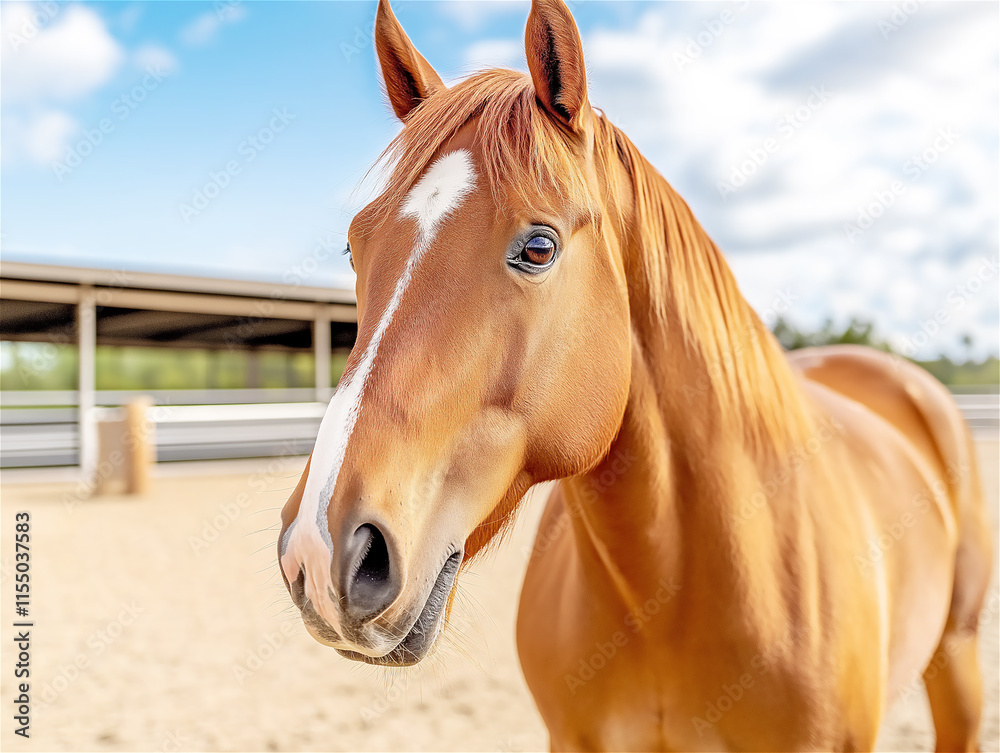 Fototapeta premium Portrait of a chestnut horse in a barnyard on a sunny day. The animal's detailed expression reflects intelligence and grace.