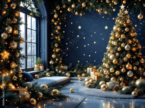 Luxurious Navy and Gold Christmas Decorations with Elegant Ornaments