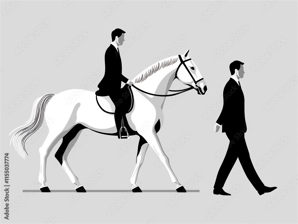 Fototapeta premium A man walks alongside a rider on a white horse in a minimalist black and white design, representing partnership and motion in perfect harmony.