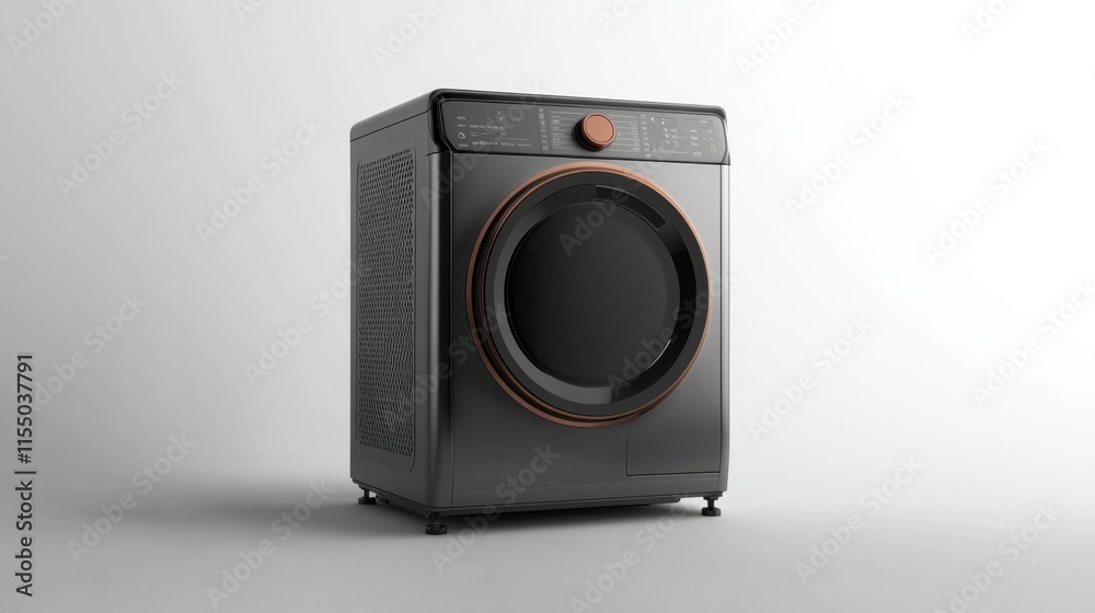 A compact dryer with a sleek metallic finish and adjustable settings, displayed on a white background for household appliance promotions. A compact dryer with a sleek metallic finish and adjustable settings, displayed on a white background for household appliance promotions.