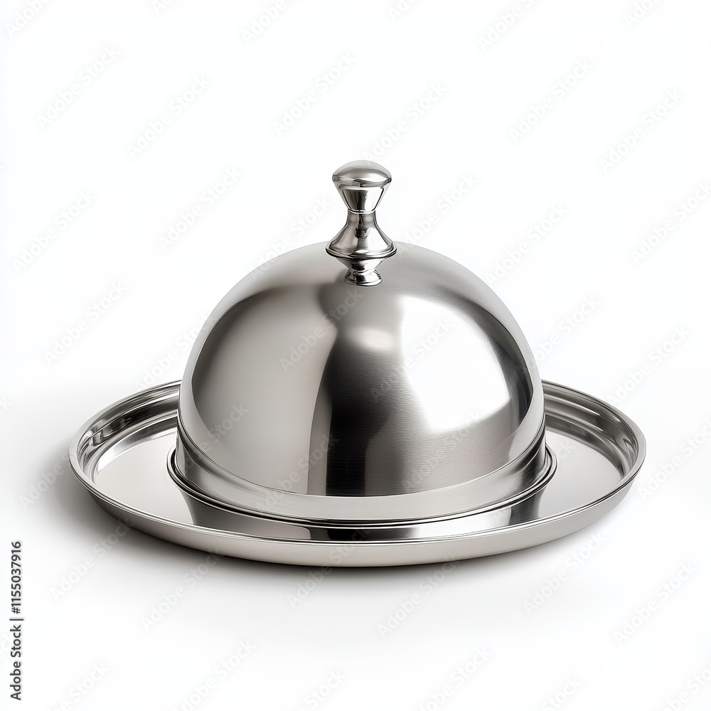 Polished stainless steel dome-shaped food cover with a round base. Polished stainless steel dome-shaped food cover with a round base.
