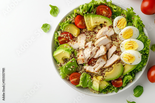 Healthy chicken salad with quinoa, avocado, and eggs on a white background