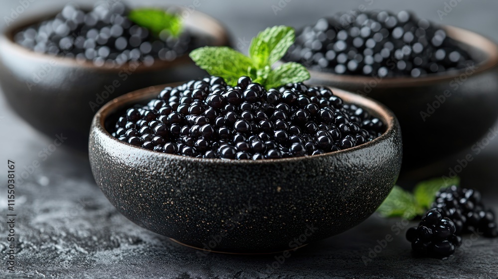 Fresh black caviar in dark ceramic bowls on a dark gray background with fresh mint leaves.