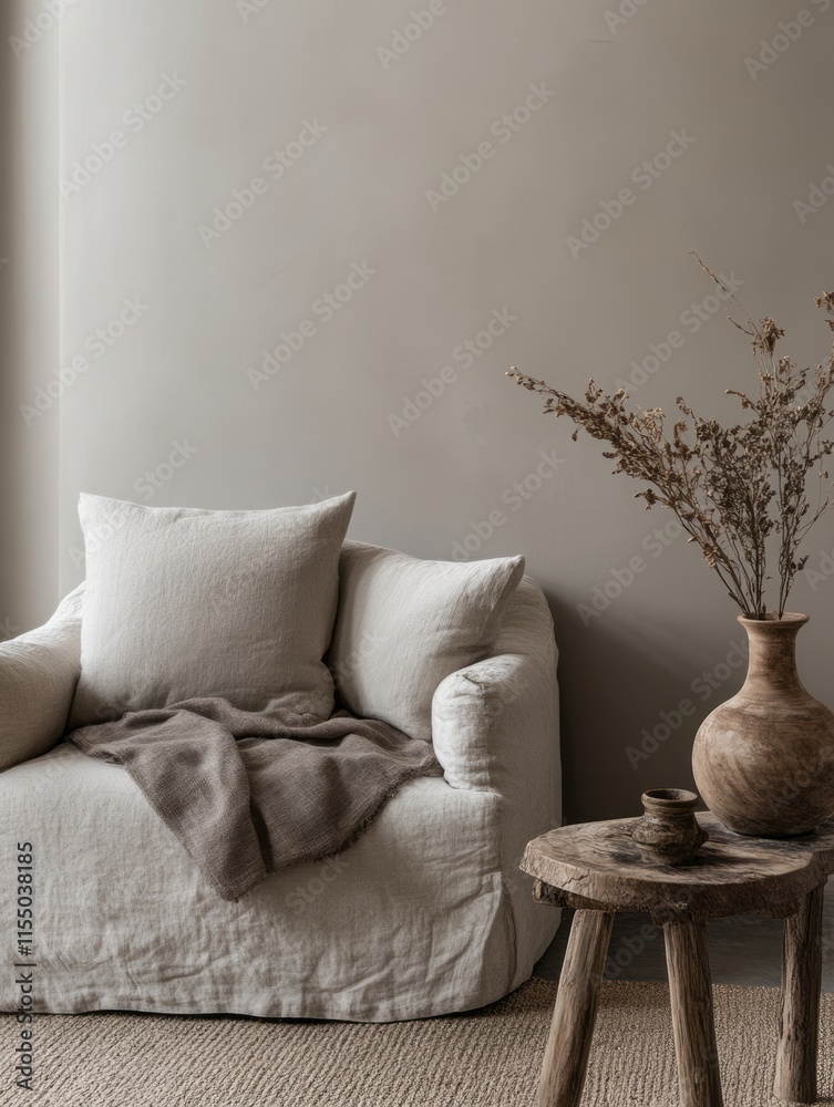Linen Sofa Throw Pillow Dried Flowers Wooden Stool Linen Sofa Throw Pillow Dried Flowers Wooden Stool