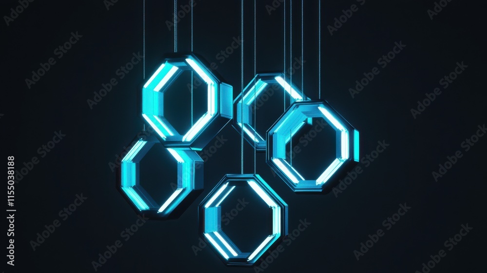 Modern Futuristic Neon Hexagonal Lights Hanging in Dark Environment Modern Futuristic Neon Hexagonal Lights Hanging in Dark Environment