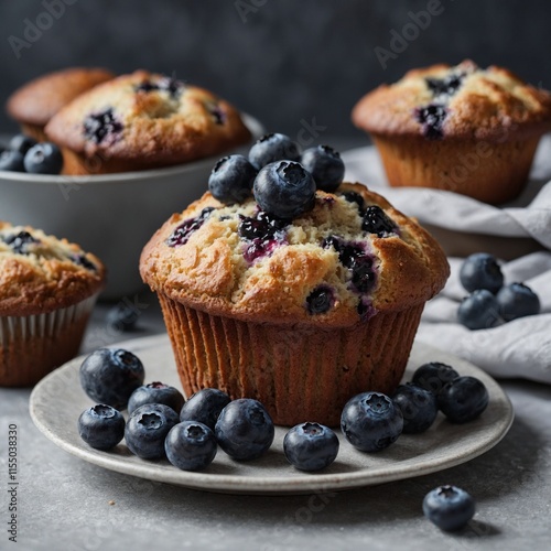 A freshly baked muffin with blueberries on a white dish.