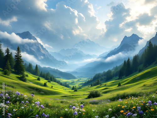 Majestic Mountain Landscape with Rolling Green Hills and Lush Meadows