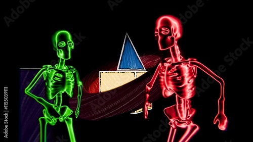 Vibrant abstract dance of digital shapes and figures in a lively setting