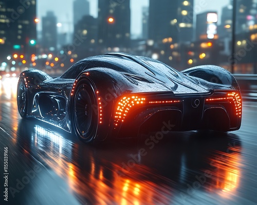 Futuristic sports car driving on a rain-slick city street at night. photo