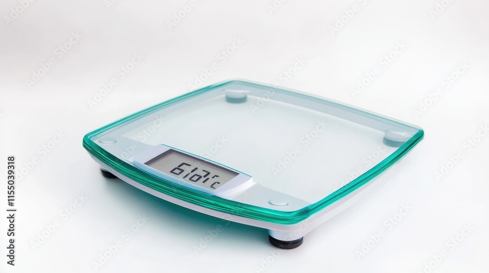 A digital weighing scale with a glass surface and LED display, isolated on a white background for fitness or personal care campaigns. A digital weighing scale with a glass surface and LED display, isolated on a white background for fitness or personal care campaigns.