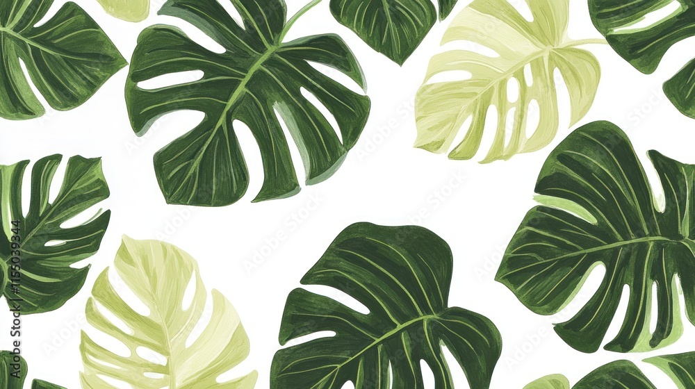 Fototapeta premium Tropical Monstera Deliciosa Leaves Pattern: A Vibrant Green and White Botanical Illustration