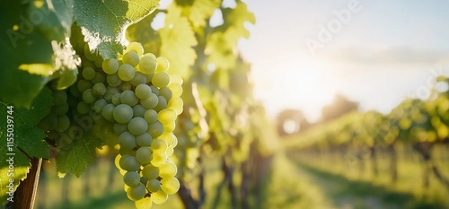 Sunlit green grapes hanging on vine in vineyard.