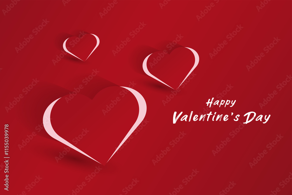 Set of three simple and artistic hearts design with a white and red heart outline casting a shadow, set on a red background with holiday-themed text in pink. Set of three simple and artistic hearts design with a white and red heart outline casting a shadow, set on a red background with holiday-themed text in pink.