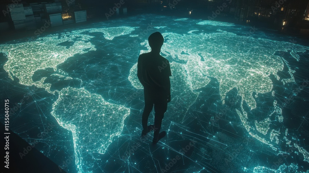 Fototapeta premium Human Figure Overlooking Digital World Map with Connection Lines