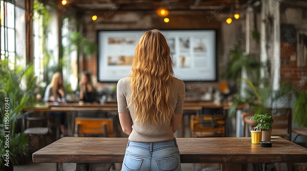 Woman with long hair standing at a wooden table in a modern office. Woman with long hair standing at a wooden table in a modern office.