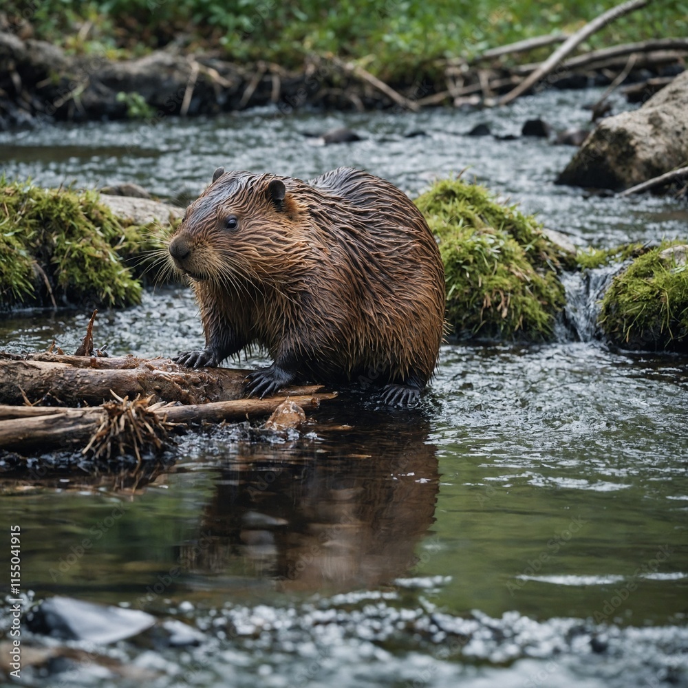 A beaver constructing a dam in a mountain stream, white background. A beaver constructing a dam in a mountain stream, white background.