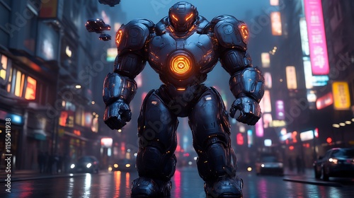 Giant robot stands in futuristic city.