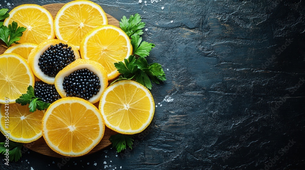 Fresh lemon slices topped with black caviar on a wooden board. Fresh lemon slices topped with black caviar on a wooden board.
