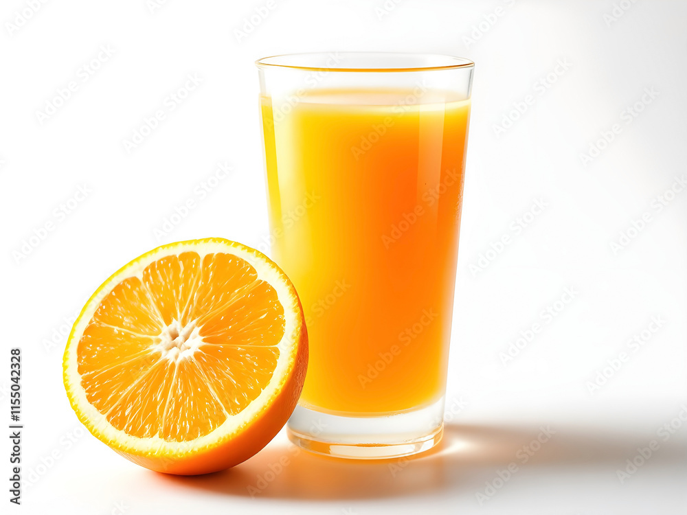 Refreshing Orange Juice in a Glass with Fresh Orange Fruit on White Background Refreshing Orange Juice in a Glass with Fresh Orange Fruit on White Background