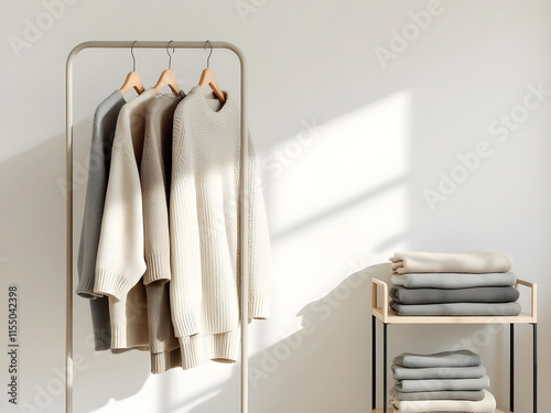 Serene Minimalist Wardrobe, clothes on hangers