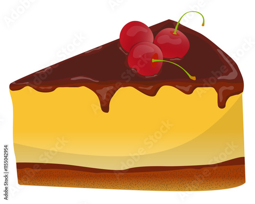 A piece of souffle cake covered with chocolate and decorated with cherry on top. Vector illustration for a poster, greeting card or invitation, labels or tags