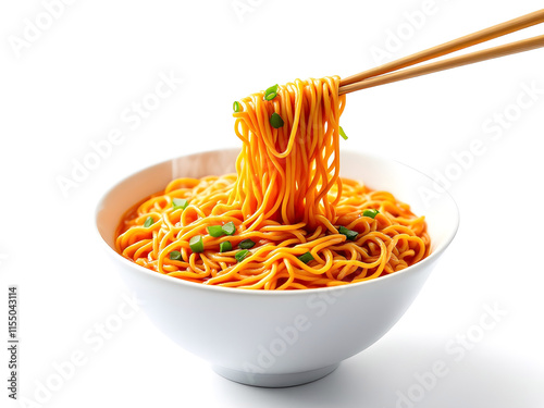 Steaming Ramen Noodles in a White Bowl with Chopsticks and Green Onions