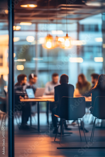 Blurred business people meeting in office interior with space for business brainstorming background design
