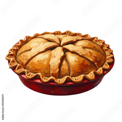 Oil Painting Illustration of Golden Brown Homemade Pie in Red Dish. Suitable for artwork design.	 photo