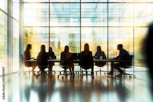 Blurred business people meeting in office interior with space for business brainstorming background design
