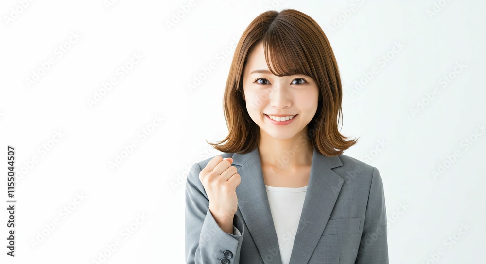 Motivated Japanese Career Woman with Long Brown Hair Celebrating Success with a Guts Pose