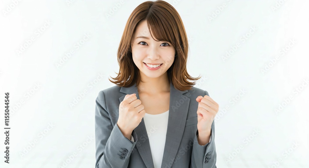Motivated Japanese Career Woman with Long Brown Hair Celebrating Success with a Guts Pose Motivated Japanese Career Woman with Long Brown Hair Celebrating Success with a Guts Pose