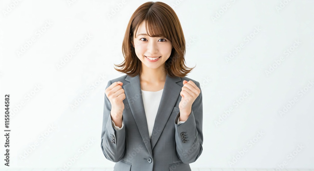 Motivated Japanese Career Woman with Long Brown Hair Celebrating Success with a Guts Pose Motivated Japanese Career Woman with Long Brown Hair Celebrating Success with a Guts Pose