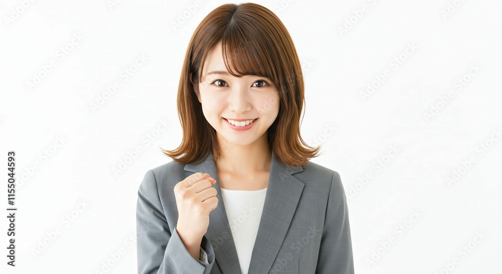 Motivated Japanese Career Woman with Long Brown Hair Celebrating Success with a Guts Pose Motivated Japanese Career Woman with Long Brown Hair Celebrating Success with a Guts Pose