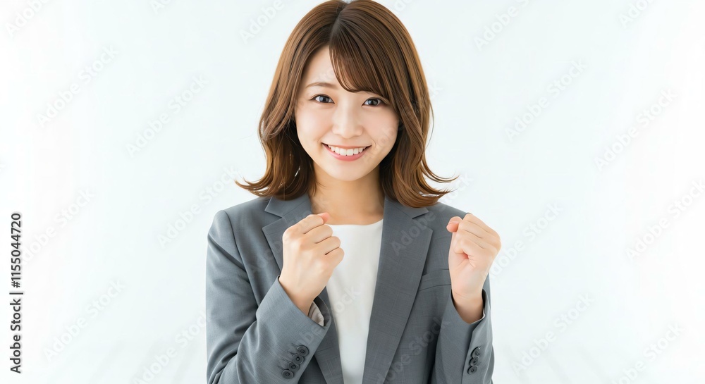 Motivated Japanese Career Woman with Long Brown Hair Celebrating Success with a Guts Pose Motivated Japanese Career Woman with Long Brown Hair Celebrating Success with a Guts Pose