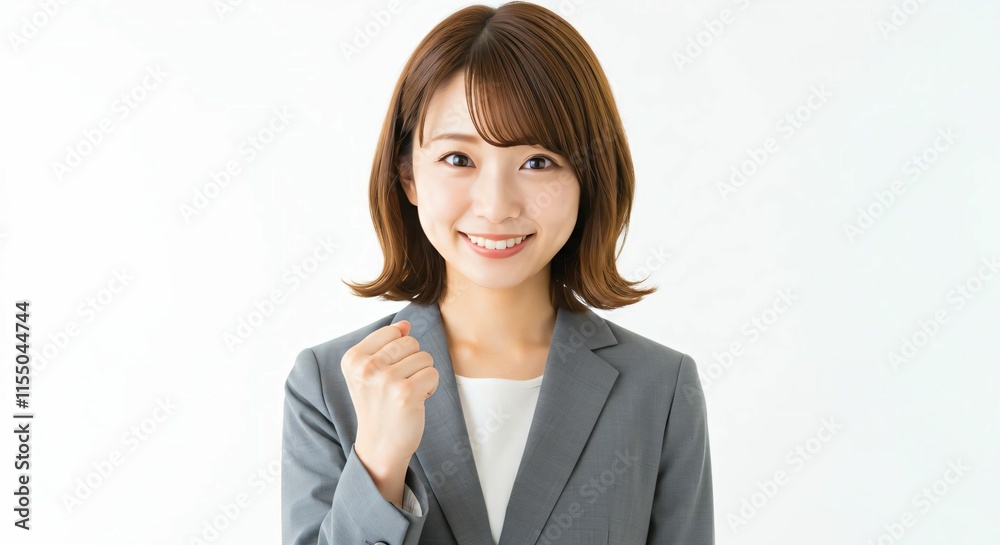 Motivated Japanese Career Woman with Long Brown Hair Celebrating Success with a Guts Pose Motivated Japanese Career Woman with Long Brown Hair Celebrating Success with a Guts Pose