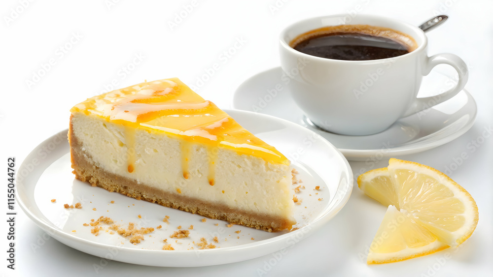 Cheesecake Slice with Lemon Sauce and Black Coffee Cheesecake Slice with Lemon Sauce and Black Coffee