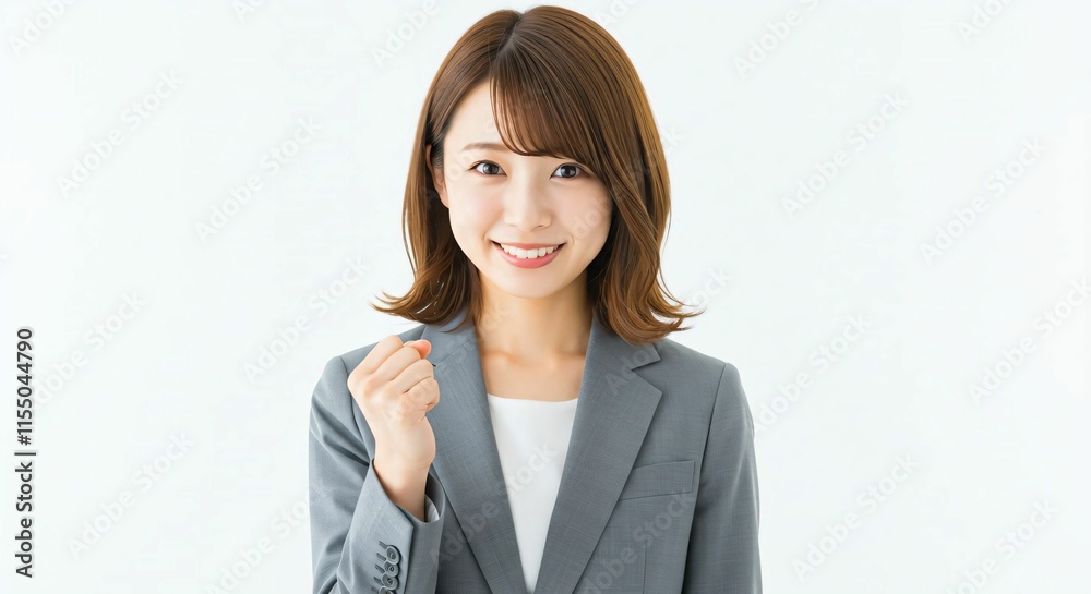 Motivated Japanese Career Woman with Long Brown Hair Celebrating Success with a Guts Pose Motivated Japanese Career Woman with Long Brown Hair Celebrating Success with a Guts Pose
