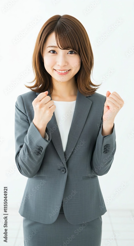 Motivated Japanese Career Woman with Long Brown Hair Celebrating Success with a Guts Pose Motivated Japanese Career Woman with Long Brown Hair Celebrating Success with a Guts Pose