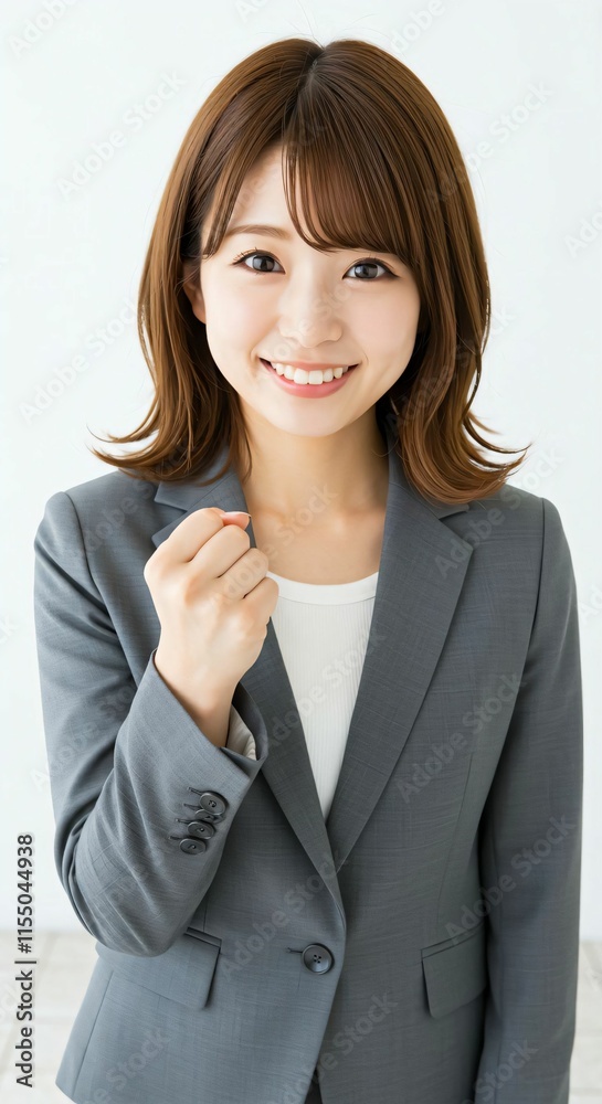 Motivated Japanese Career Woman with Long Brown Hair Celebrating Success with a Guts Pose Motivated Japanese Career Woman with Long Brown Hair Celebrating Success with a Guts Pose