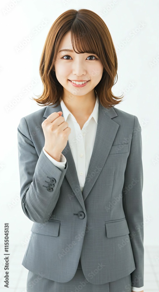Motivated Japanese Career Woman with Long Brown Hair Celebrating Success with a Guts Pose Motivated Japanese Career Woman with Long Brown Hair Celebrating Success with a Guts Pose