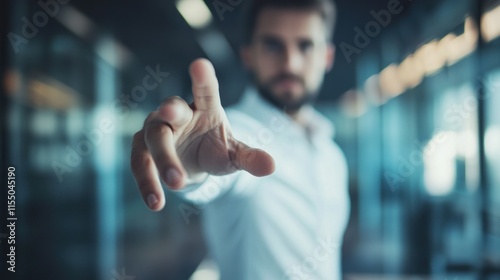 A man in white shirt extends his hand in a gesture of wanting to help or assist, blurred focus on his hand and body, modern office interior with glass walls