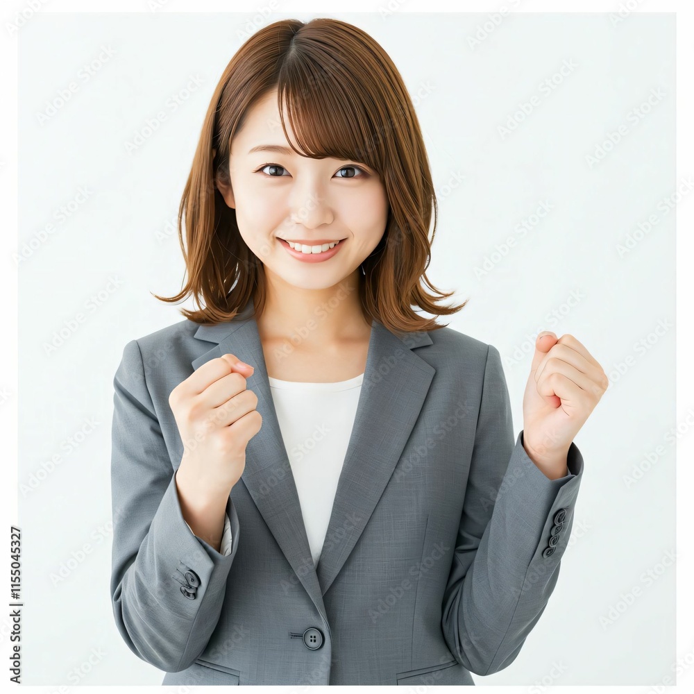 Motivated Japanese Career Woman with Long Brown Hair Celebrating Success with a Guts Pose