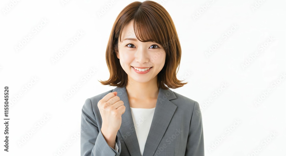 Motivated Japanese Career Woman with Long Brown Hair Celebrating Success with a Guts Pose Motivated Japanese Career Woman with Long Brown Hair Celebrating Success with a Guts Pose