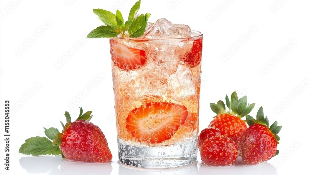 Refreshing strawberry drink with ice and mint in a glass, garnished with fresh strawberries. Refreshing strawberry drink with ice and mint in a glass, garnished with fresh strawberries.