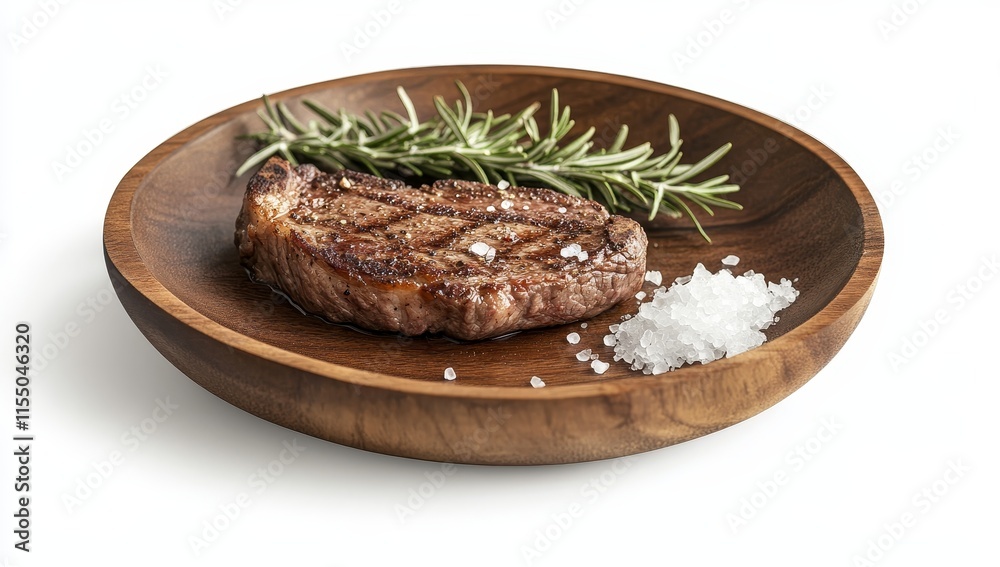 Grilled steak on wooden plate with rosemary and sea salt. Grilled steak on wooden plate with rosemary and sea salt.