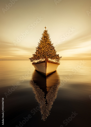 A beautifully decorated Christmas tree located on an old boat on calm waters during golden hour, with warm and vivid colors in the spirit of New Year