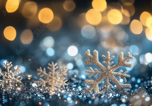 Sparkling Glitter Snowflakes on a Shimmering Background with Blurred Warm Christmas Lights Creating a Magical Winter Wonderland Effect
